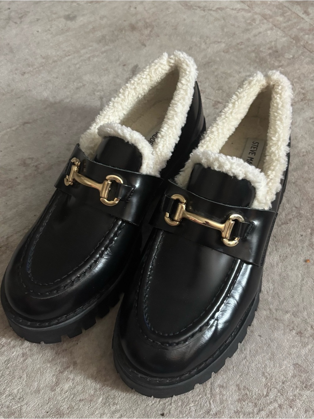 Steve Madden Black Faux-Leather Loafers with Cream Shearling and Gold Bit